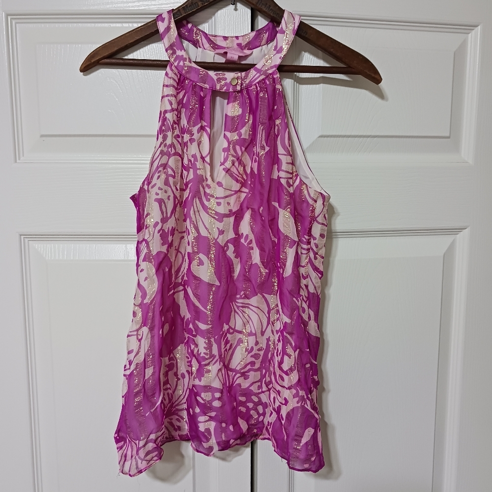 Lily Pulitzer Pink White Golden Metallic Floral Blouse Tank Top Extra Small
